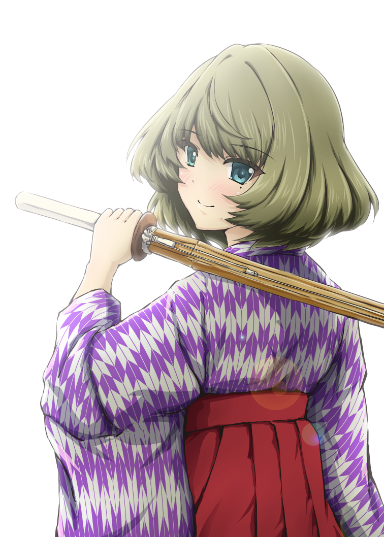 1girl arm_at_side bangs blue_eyes blush bokken closed_mouth commentary_request diesel-turbo eyebrows_visible_through_hair eyelashes flipped_hair from_behind green_eyes green_hair haikara-san_ga_tooru hakama hakama_skirt heterochromia high-waist_skirt holding holding_sword holding_weapon idolmaster idolmaster_cinderella_girls japanese_clothes lens_flare long_sleeves looking_at_viewer looking_back mole mole_under_eye over_shoulder red_hakama shinai short_hair skirt smile solo sunlight sword takagaki_kaede tsurime upper_body weapon wide_sleeves wooden_sword yagasuri