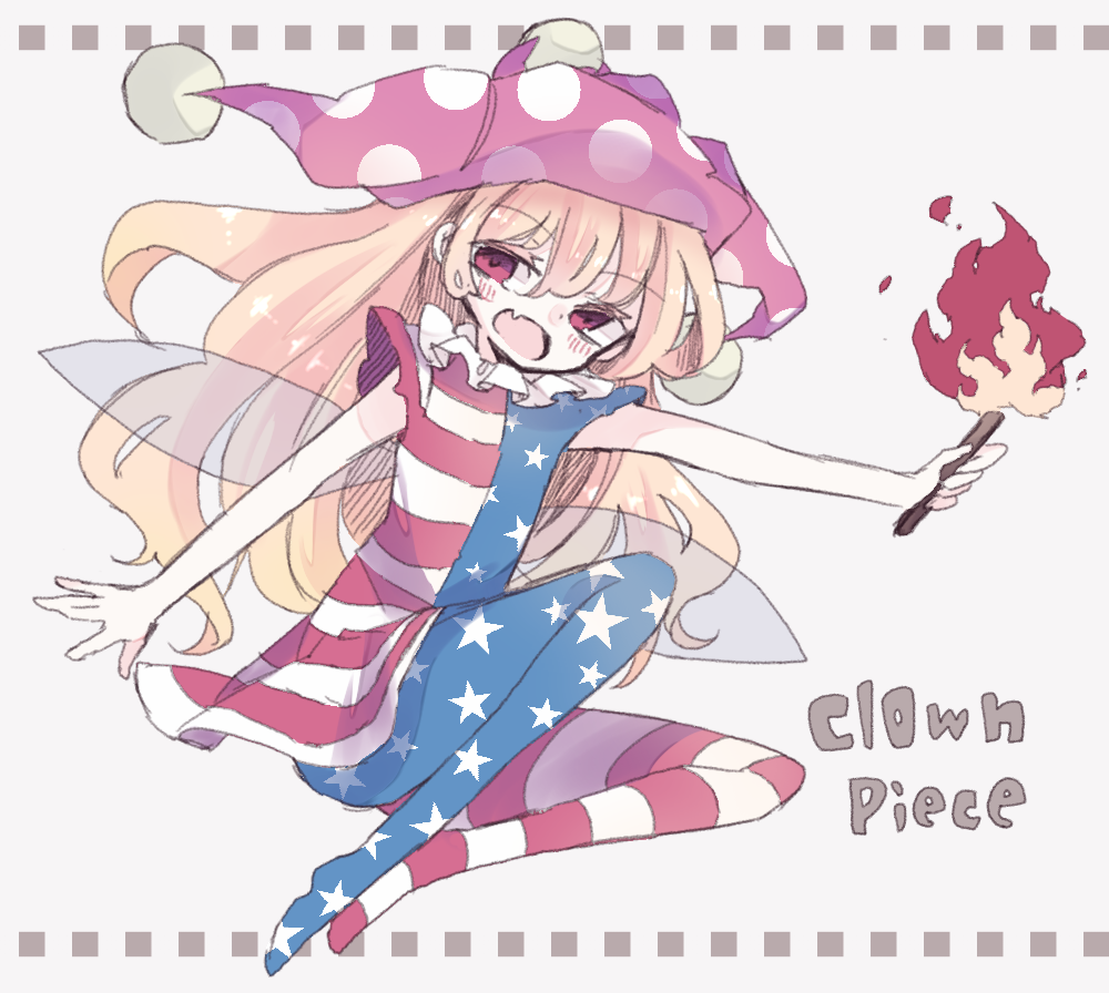 1girl alternate_legwear american_flag american_flag_dress american_flag_legwear blonde_hair clownpiece dress fairy fairy_wings frilled_shirt_collar frills hat jester_cap long_hair nagi_(nagito) neck_ruff pantyhose pink_eyes polka_dot print_legwear short_dress short_sleeves star star_print torch touhou very_long_hair wings