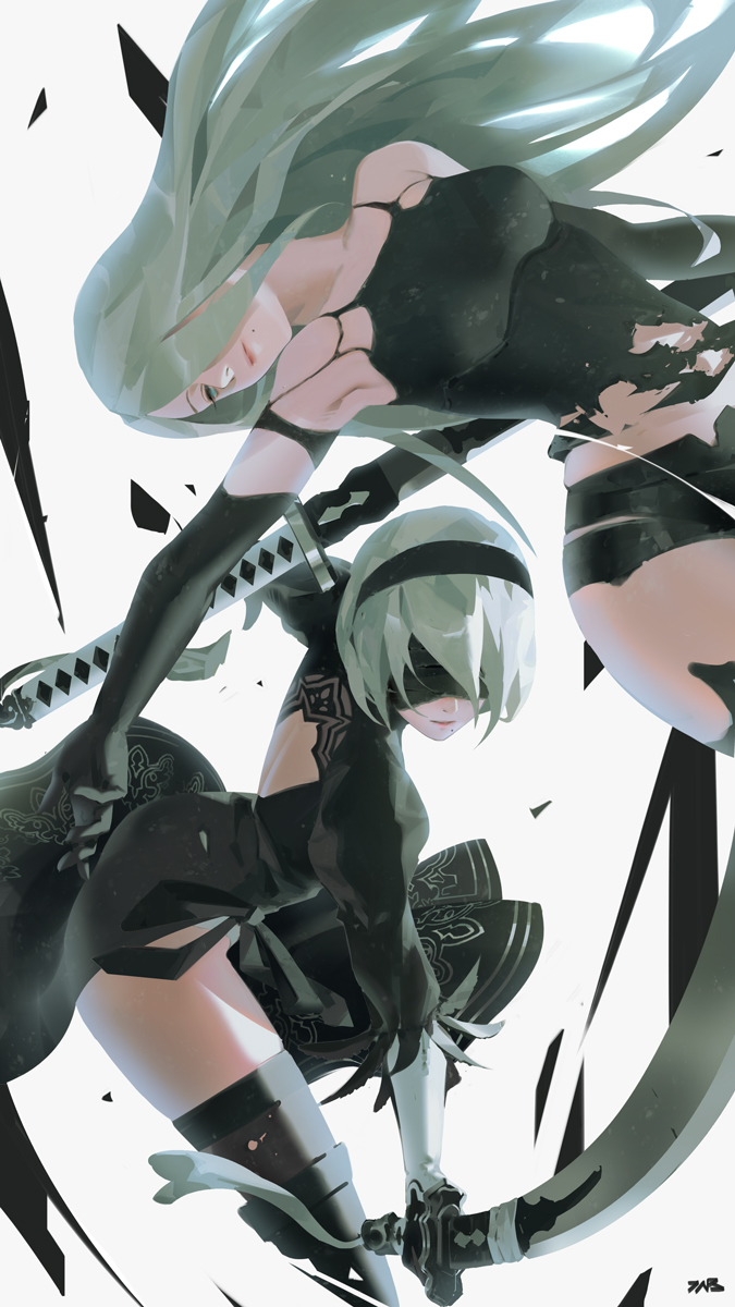 2girls back bare_shoulders black_dress black_gloves black_legwear blindfold breasts dress gloves hair_over_one_eye hairabdn highres holding holding_sword holding_weapon jn3 katana long_hair mole mole_under_mouth multiple_girls nier_(series) nier_automata short_hair shorts sword thigh-highs weapon yorha_no._2_type_b yorha_type_a_no._2