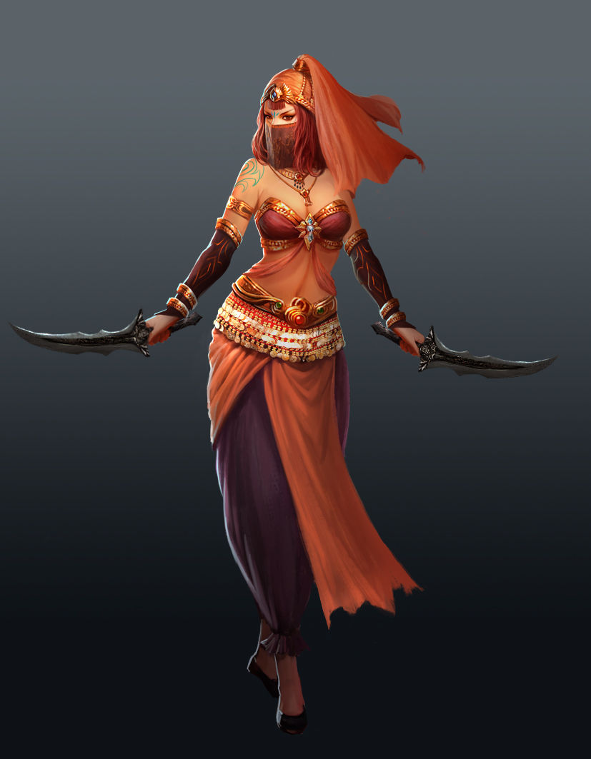 1girl aben arabian_clothes arm_warmers armlet bangle black_shoes bra bracelet covered_mouth dual_wielding emerald full_body gradient gradient_background grey_background holding holding_knife jewelry knife long_hair looking_at_viewer midriff navel necklace red_bra ruby_(stone) sapphire_(stone) shoes standing tattoo underwear veil