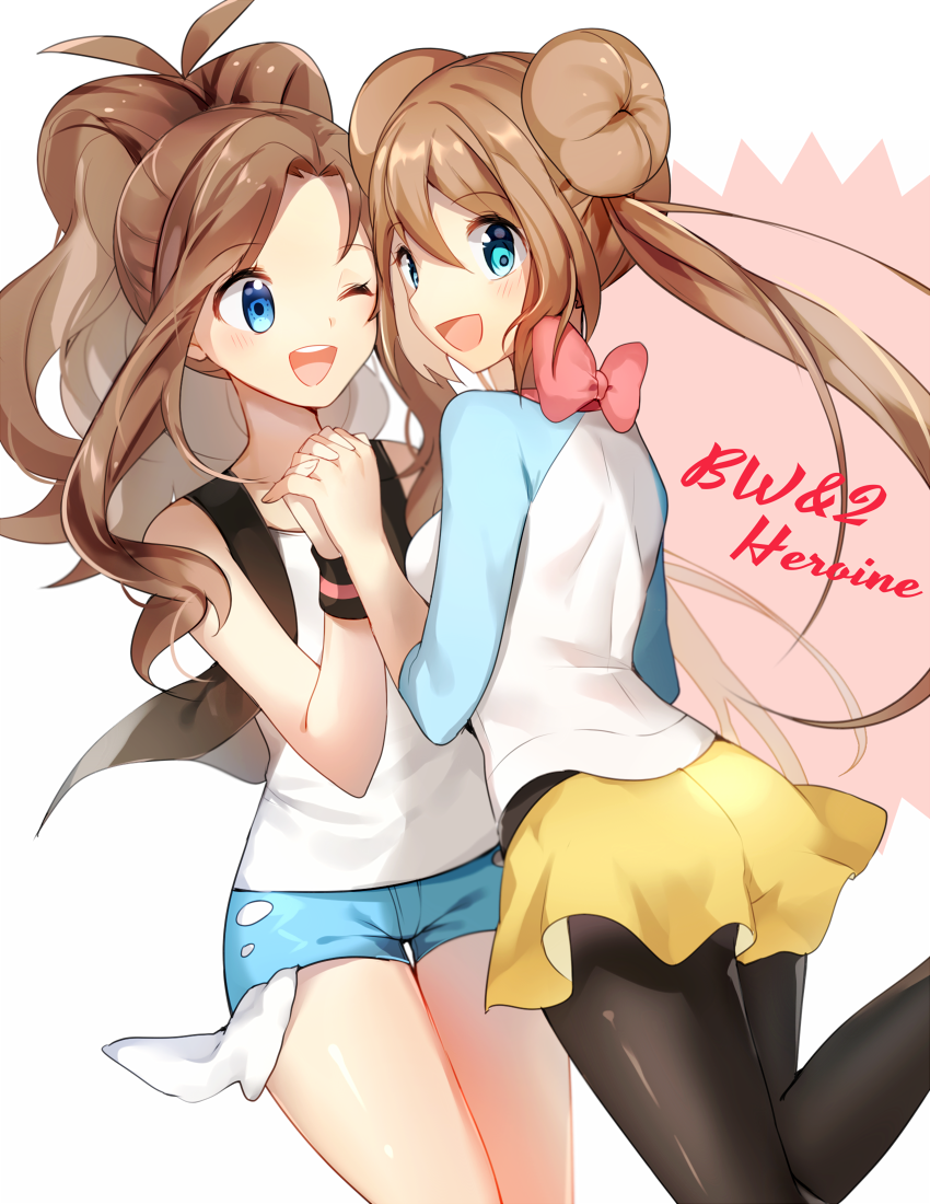 2girls :d ;d bare_shoulders black_legwear blue_eyes blush bow breasts brown_hair denim denim_shorts double_bun hair_bun hand_holding interlocked_fingers long_sleeves mei_(pokemon) multiple_girls one_eye_closed open_mouth pantyhose pink_bow pokemon pokemon_(game) pokemon_bw pokemon_bw2 ponytail puffy_shorts shirt short_shorts shorts simple_background smile tank_top touko_(pokemon) twintails vest white_background wristband yuhi_(hssh_6)