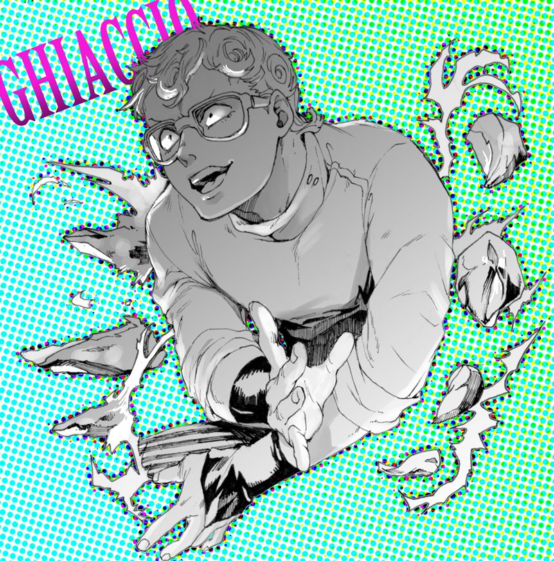 1boy aikawa_taro character_name constricted_pupils curly_hair ghiaccio glasses greyscale jojo_no_kimyou_na_bouken male_focus monochrome open_mouth polka_dot polka_dot_background smile solo upper_body