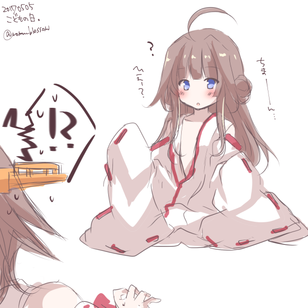 2girls age_regression ahoge bare_shoulders blue_eyes blush child hairband hiei_(kantai_collection) kantai_collection kongou_(kantai_collection) long_hair multiple_girls nanoha-h no_headwear nontraditional_miko oversized_clothes oversized_object short_hair sketch translation_request younger