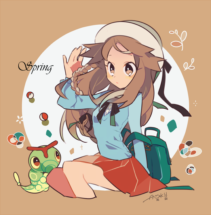 1girl auko backpack bag blouse blue_(pokemon) blush braid brown_eyes brown_hair caterpie cowboy_shot hand_up hat hat_ribbon long_hair long_sleeves pleated_skirt poke_ball pokemon red_skirt ribbon signature simple_background sitting skirt solo text