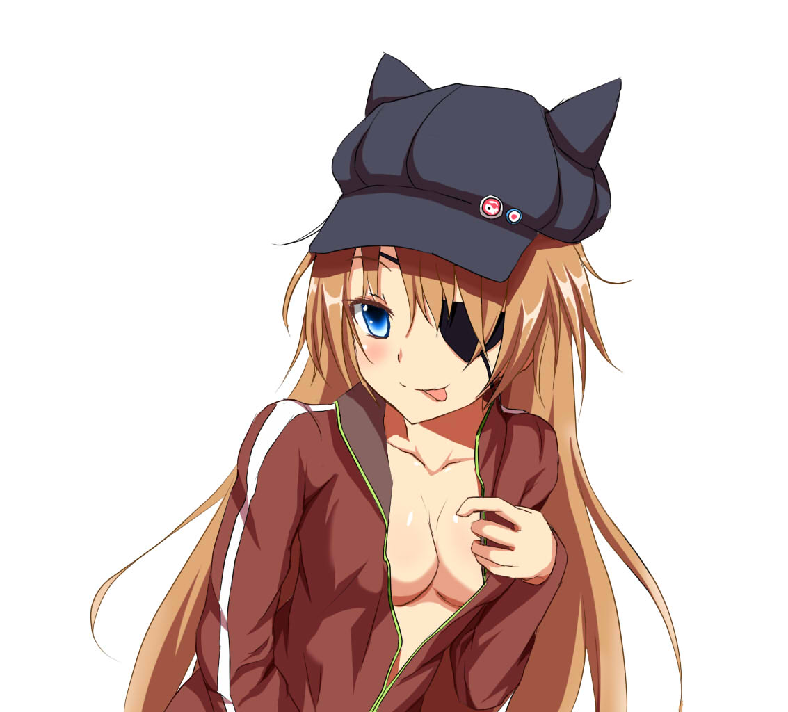 1girl :p blue_eyes blush breasts brown_hair cleavage eyepatch hat jacket long_hair medium_breasts neon_genesis_evangelion rebuild_of_evangelion self_exposure solo souryuu_asuka_langley tongue tongue_out track_jacket upper_body white_background