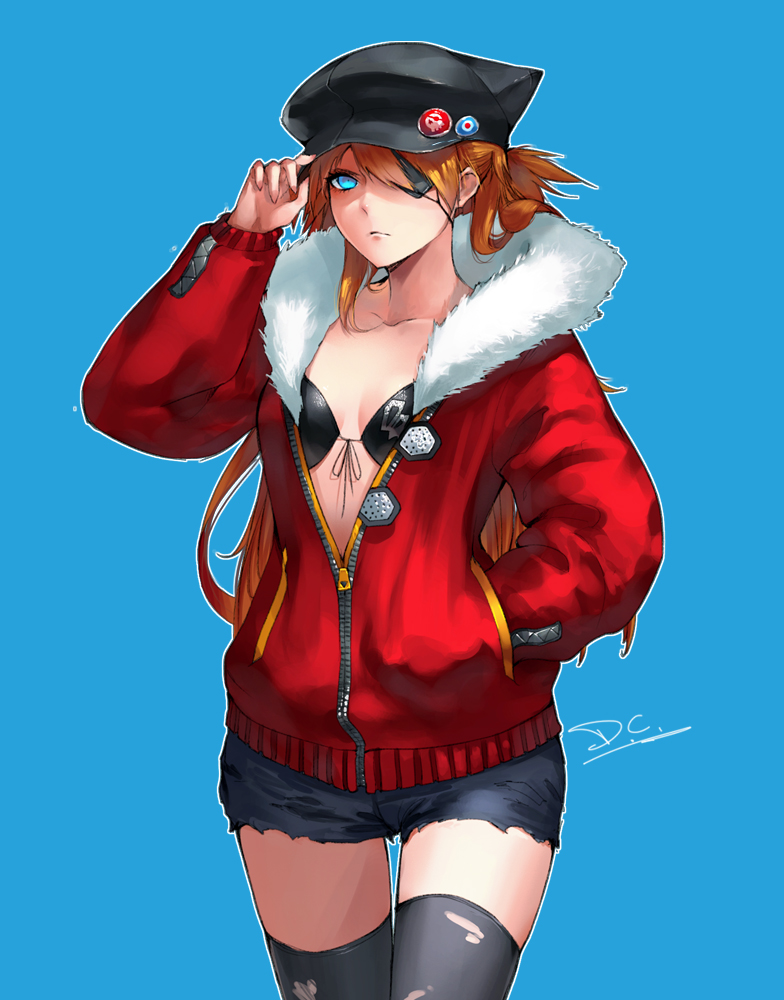 1girl adjusting_clothes adjusting_hat alternate_costume blue_eyes breasts cleavage dreamcatcher eyepatch front-tie_bikini front-tie_top fur-trimmed_jacket fur_trim hand_in_pocket hat jacket long_hair neon_genesis_evangelion partially_unzipped ponytail skindentation solo souryuu_asuka_langley thigh-highs torn_clothes torn_thighhighs