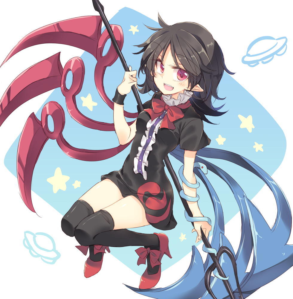 1girl black_dress black_hair black_legwear bow commentary_request dress high_heels houjuu_nue knees_together_feet_apart looking_at_viewer open_mouth pitchfork pointy_ears red_eyes red_shoes satou_kibi shoes short_hair short_sleeves solo star thigh-highs touhou ufo wings