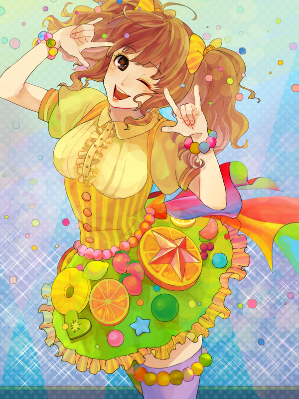 :d asymmetrical_legwear blue_background bow bracelet brown_eyes brown_hair colorful frilled_skirt frills hair_bow hair_ornament idolmaster idolmaster_cinderella_girls jewelry long_hair moroboshi_kirari one_eye_closed open_mouth short_sleeves skirt smile solo star star-shaped_pupils symbol-shaped_pupils twintails wavy_hair white_legwear yellow_legwear yuumi yuumi_(yy_m)