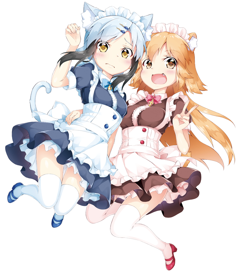 2girls animal_ears apron arm_around_waist black_hair blue_bow blue_hair blue_shoes blus bow breasts brown_eyes brown_hair cat_ears cat_tail commentary_request eyebrows_visible_through_hair fang full_body hair_ornament hairclip hand_on_another's_hip inumine_aya jumping long_hair looking_at_viewer maid_apron maid_headdress medium_breasts multicolored_hair multiple_girls open_mouth original pink_bow pose red_shoes shoes sidelocks simple_background sweatdrop tail thigh-highs v white_background white_legwear yellow_eyes