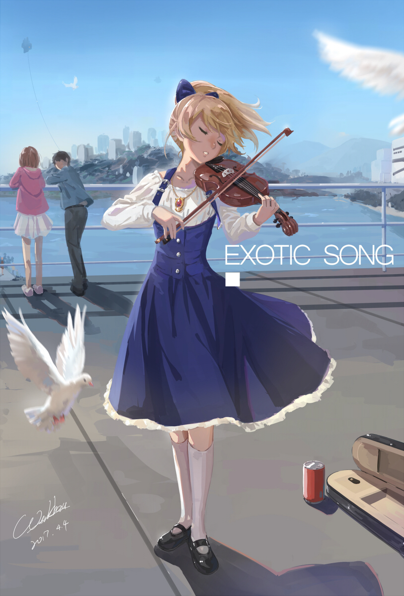 1boy 2girls animal bird black_hair blonde_hair blue_dress blue_ribbon bow_(instrument) brown_hair can chibi closed_eyes collarbone commentary dated day dove dress english faceless faceless_male full_body head_tilt highres holding_instrument instrument instrument_case mary_janes motion_blur mountain multiple_girls music neckerchief original outdoors parted_lips playing_instrument ponytail railing ribbon shadow shoes skirt solo_focus standing violin water werkbau white_legwear wind