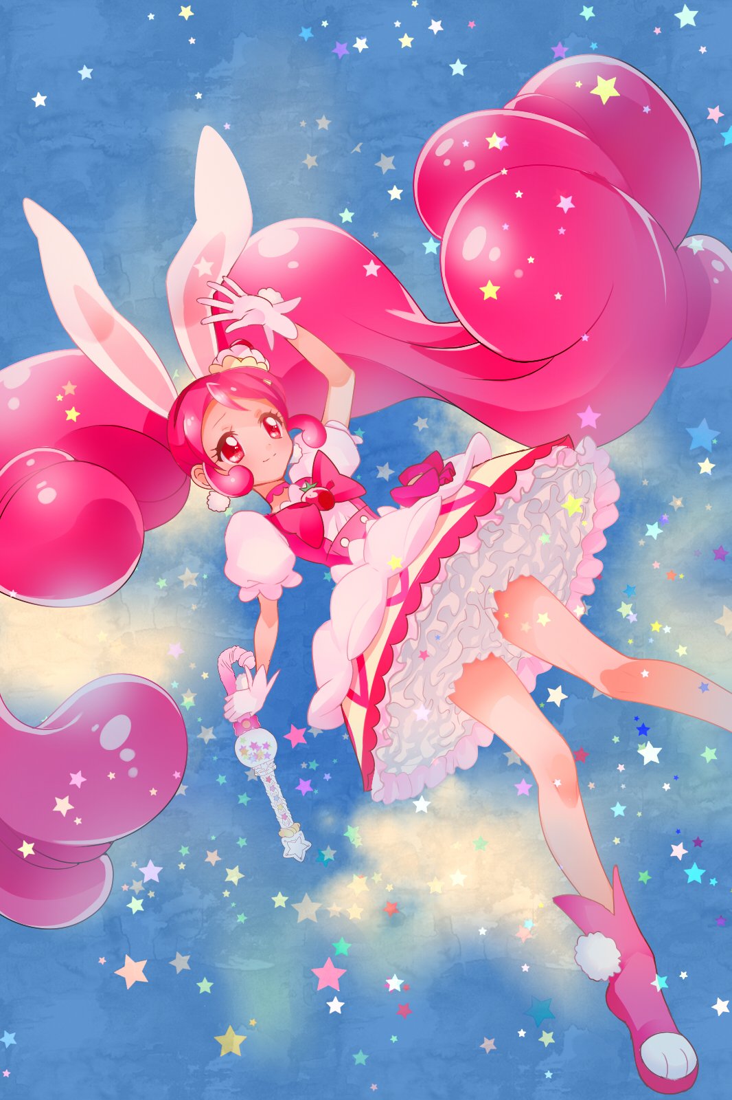 1girl animal_ears boots bow cake_hair_ornament cure_whip earrings extra_ears food food_themed_hair_ornament frilled_skirt frills fruit full_body gloves hair_ornament highres jewelry kirakira_precure_a_la_mode long_hair magical_girl pink_eyes pink_hair pom_pom_(clothes) precure rabbit_ears sad_smile skirt smile solo star strawberry twintails usami_ichika very_long_hair wand white_gloves yukiumisaka