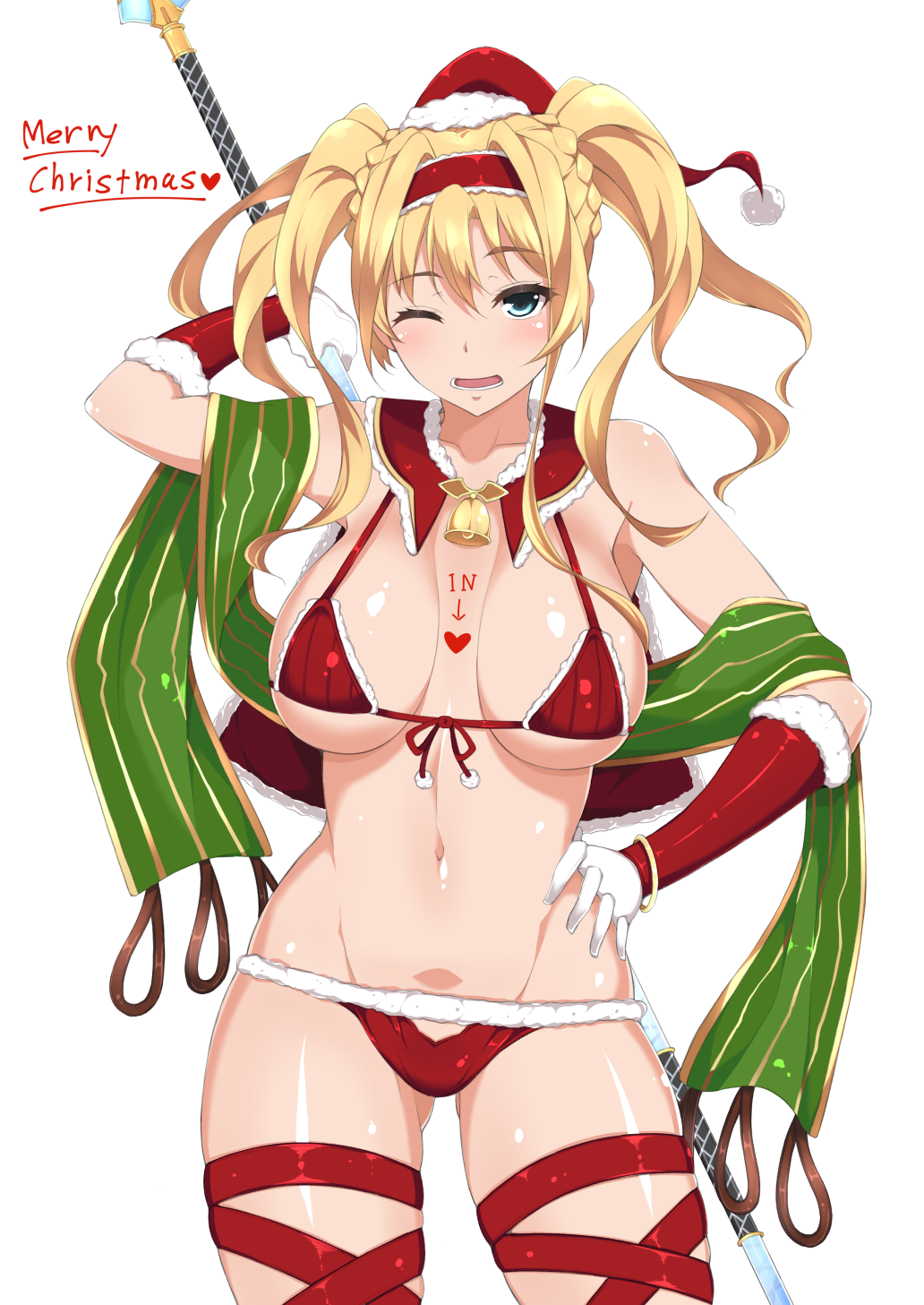 1girl bell bikini blonde_hair blue_eyes blush body_writing bracelet breasts capelet christmas front-tie_bikini front-tie_top fur_trim fuurai_(resuty) gloves granblue_fantasy hand_on_hip hat highres jewelry large_breasts long_hair looking_at_viewer lowleg lowleg_bikini merry_christmas navel one_eye_closed polearm red_bikini santa_hat shawl solo swimsuit thigh_strap twintails weapon zeta_(granblue_fantasy)