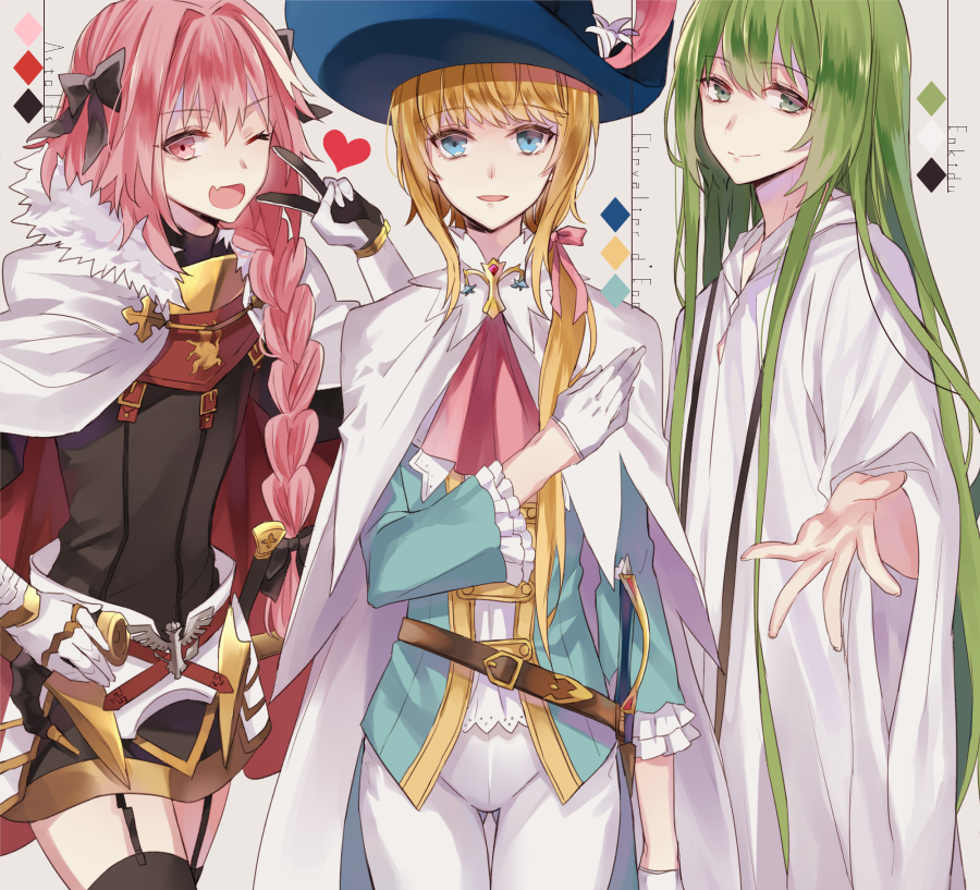 3boys androgynous black_legwear blonde_hair blue_eyes blush braid cape enkidu_(fate/strange_fake) fang fate/apocrypha fate/grand_order fate/strange_fake fate_(series) garter_straps green_eyes green_hair hair_ribbon hat jewelry le_chevalier_d'eon_(fate/grand_order) long_hair looking_at_viewer multiple_boys necklace noka_(blackheart1118) open_mouth pink_hair ponytail ribbon rider_of_black robe single_braid smile thigh-highs trap violet_eyes