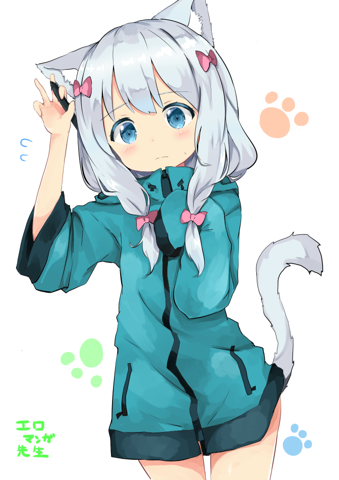 1girl animal_ears blue_eyes blush bow cat_ears cat_tail closed_mouth commentary_request cowboy_shot eromanga_sensei eyebrows_visible_through_hair flying_sweatdrops frown hair_bow head_tilt izumi_sagiri jacket kemonomimi_mode long_hair looking_at_viewer low-tied_long_hair paw_background pink_bow shibainu_kisetsu silver_hair sleeves_past_wrists solo standing stylus tail translated