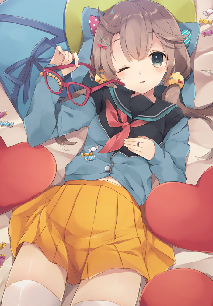 1girl ;p animal_hood bangs bed_sheet bow breasts brown_hair candy cat_hood closed_mouth cowboy_shot enomoto_hina eyebrows_visible_through_hair food glasses glasses_removed grey_eyes hair_between_eyes hair_bow hair_flaps hair_ornament hair_scrunchie hand_on_own_chest heart hood hoodie jewelry long_hair long_sleeves looking_at_viewer low_twintails lying neckerchief on_back one_eye_closed original pillow pleated_skirt red-framed_eyewear red_bow red_neckerchief removing_glasses ring school_uniform scrunchie serafuku skirt small_breasts smile solo thigh-highs thighs tongue tongue_out twintails white_legwear x_hair_ornament yellow_skirt