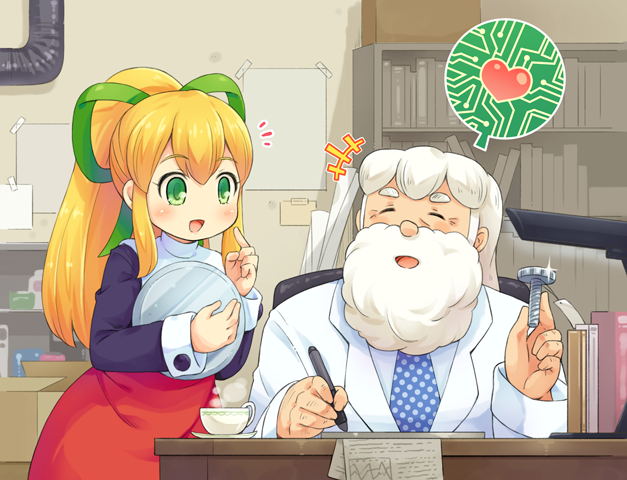 +++ 1boy 1girl bangs beard blonde_hair blue_necktie blush book bookshelf chair closed_eyes cup desk dress eyebrows_visible_through_hair facial_hair green_eyes green_ribbon grey_hair hair_ribbon heart holding holding_tray indoors labcoat lamp long_hair long_sleeves looking_at_another mizuno_mumomo necktie open_mouth paper pen pointing pointing_at_self polka_dot_necktie ponytail red_dress ribbon rockman rockman_(classic) roll saucer screw shadow shelf sidelocks sitting smile sparkle standing teacup thick_eyebrows thomas_light tray turtleneck wall