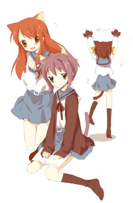 00s animal_ears asahina_mikuru brown_hair cardigan cat_ears footwear nagato_yuki namori school_uniform serafuku short_hair socks suzumiya_haruhi suzumiya_haruhi_no_yuuutsu