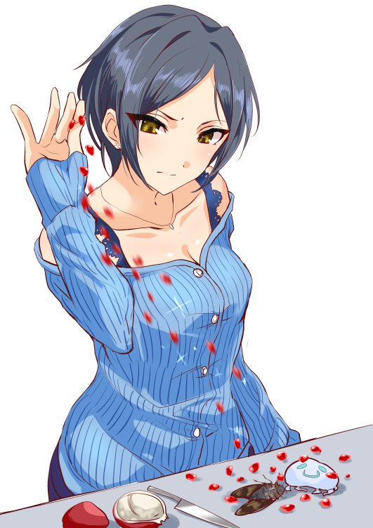 1girl 3:&lt; black_hair bra breasts cleavage closed_mouth collarbone food fruit hayami_kanade idolmaster idolmaster_cinderella_girls knife lace lace-trimmed_bra long_sleeves medium_breasts off_shoulder pomegranate salt_bae_(meme) short_hair sidelocks simple_background sleeves_past_wrists solo underwear white_background yellow_eyes youhei_(testament)