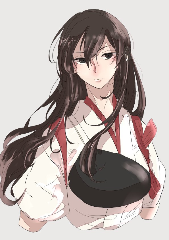 1girl akagi_(kantai_collection) brown_eyes brown_hair closed_mouth commentary expressionless hair_between_eyes hisaki_(morenabe) japanese_clothes kantai_collection long_hair looking_at_viewer muneate simple_background solo straight_hair tasuki upper_body