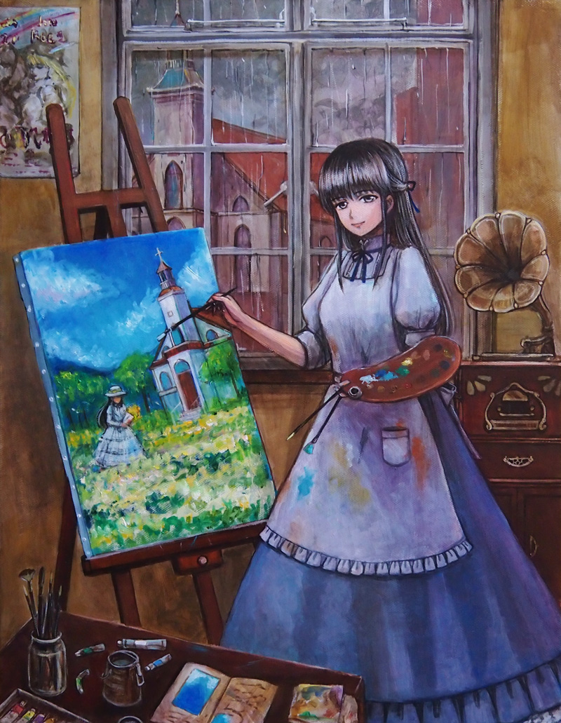 1girl apron black_eyes black_hair blue_dress blue_ribbon blue_skirt book bottle bouquet braid canvas_(object) church closed_mouth clouds cloudy_sky day dress eyebrows_visible_through_hair field flower flower_field hat head_tilt holding holding_bouquet indoors long_hair long_skirt megaphone neck_ribbon oil_painting_(medium) open_book original outdoors paint paint_tube paintbrush painting_(object) palette poster_(object) puffy_sleeves rain ribbon shirt skirt sky smile solo standing tafuto tree white_hat white_shirt window