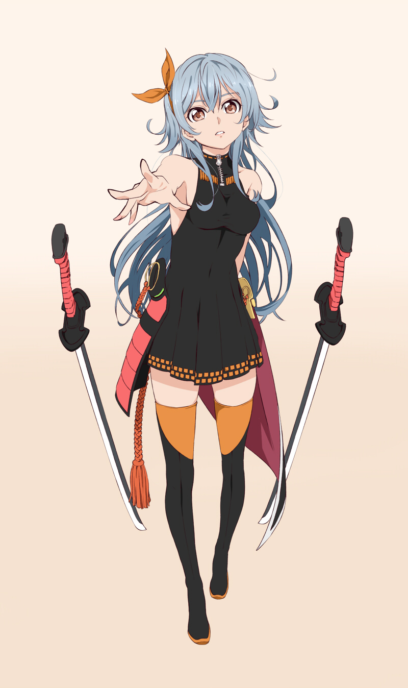 1girl bare_shoulders blue_hair boots bow brown_eyes commentary dress gradient gradient_background hair_bow highres katana long_hair looking_at_viewer original outstretched_arm parted_lips pleated_dress saitoyu00 sleeveless sleeveless_dress solo sword thigh-highs thigh_boots weapon zipper