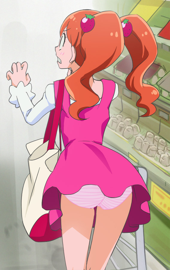 1girl ass bag blush clenched_teeth food_themed_hair_ornament from_behind hair_ornament haruyama_kazunori kirakira_precure_a_la_mode long_hair orange_hair panties precure solo strawberry_hair_ornament striped striped_panties teeth twintails underwear usami_ichika