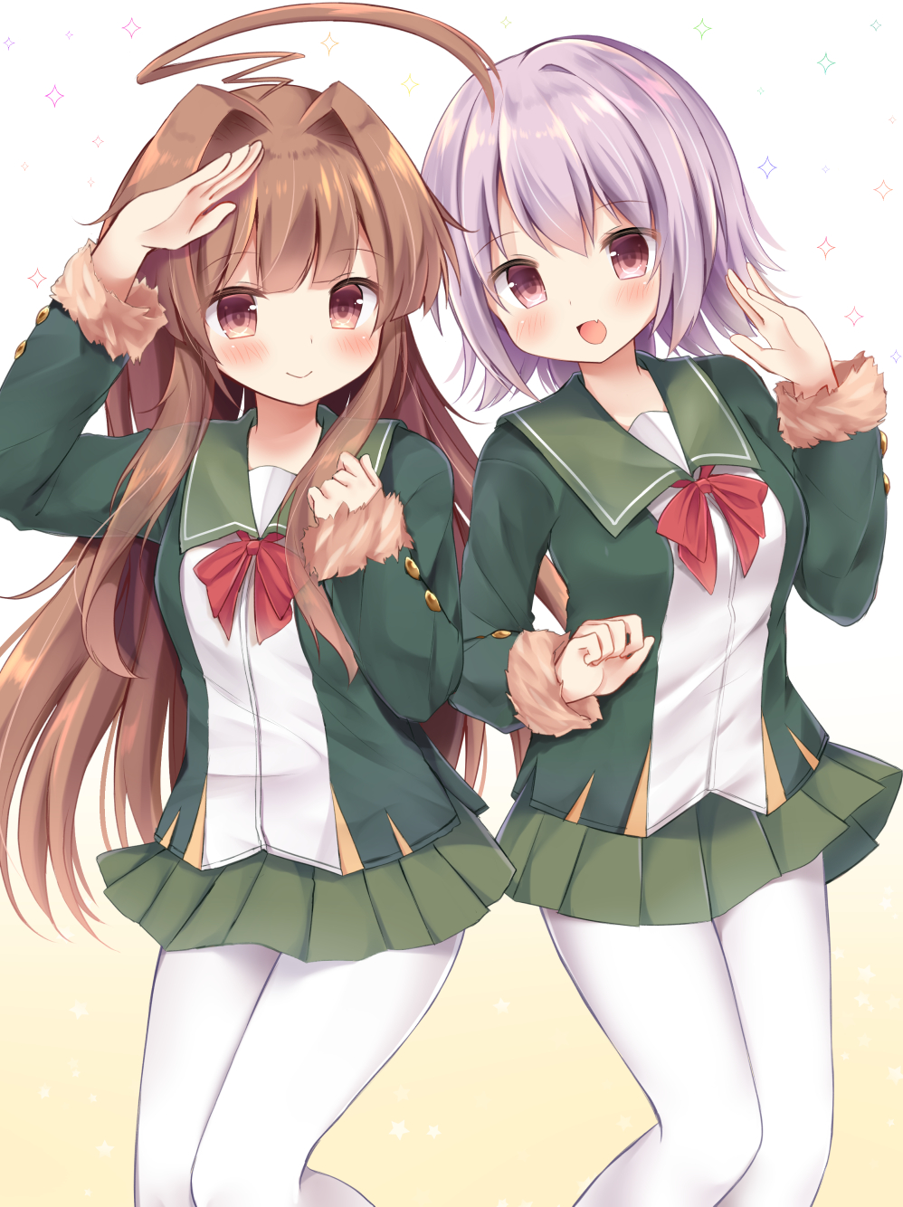 2girls :d ahoge brown_eyes brown_hair buttons cosplay eyebrows_visible_through_hair fur_trim gradient gradient_background green_jacket green_skirt highres jacket kantai_collection kuma_(kantai_collection) kunashiri_(kantai_collection) kunashiri_(kantai_collection)_(cosplay) lavender_hair long_hair long_sleeves masayo_(gin_no_ame) multiple_girls open_mouth pantyhose pleated_skirt red_eyes red_ribbon ribbon shimushu_(kantai_collection) shimushu_(kantai_collection)_(cosplay) short_hair skirt smile tama_(kantai_collection) white_legwear