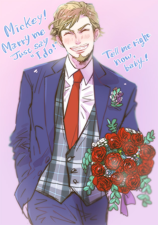 ! 1boy ^_^ beard blush bouquet brown_hair character_name closed_eyes emil_nekola english facial_hair flower formal grin leaf male_focus mustache necktie pink_background red_rose rose shuuko_(sssssdsn_a) simple_background smile solo suit teeth upper_body yuri!!!_on_ice