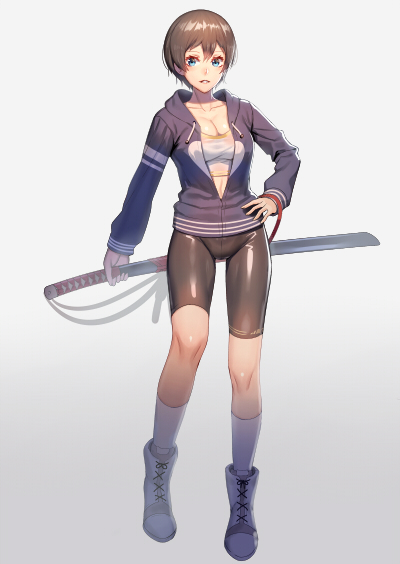 1girl bike_shorts blue_eyes boots breasts brown_hair cleavage cross-laced_footwear gradient gradient_background hand_on_hip holding holding_sword holding_weapon hood hoodie kneehighs knees lace-up_boots long_sleeves looking_at_viewer ogino_(oginogino) original parted_lips sheath sheathed short_hair sidelocks solo sports_bra sword unzipped weapon white_legwear