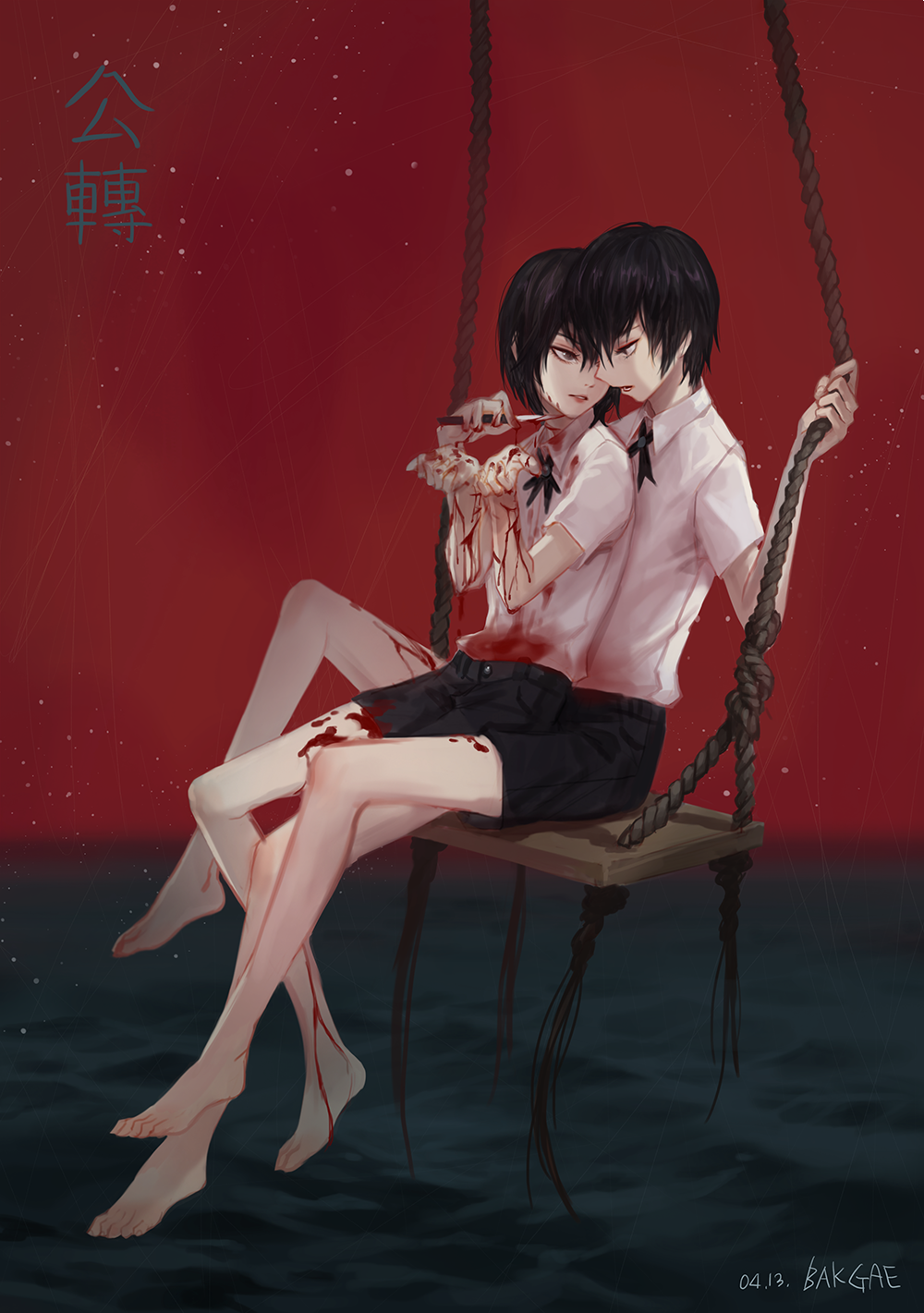 1boy 1girl androgynous artist_name bakgae black_eyes black_hair black_ribbon black_shorts blood bloody_clothes bloody_hands bloody_knife collared_shirt commentary_request dated eye_contact highres holding_rope knife knife_to_throat looking_at_another neck_ribbon ocean profile red_sky ribbon shirt short_hair shorts sitting sitting_on_lap sitting_on_person sky swing translation_request water white_shirt wing_collar