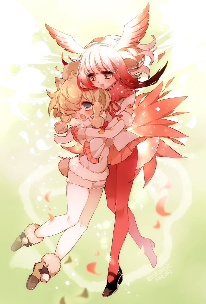 2girls :d alpaca_ears alpaca_suri_(kemono_friends) alpaca_tail animal_ears ankle_boots bangs beige beige_shirt beige_shorts bird_tail bird_wings black_footwear black_shoes blonde_hair blue_eyes blunt_bangs blurry blush boots brown_ribbon buttons carrying chino_machiko clouds covered_navel day depth_of_field drawstring extra_ears eyebrows eyebrows_visible_through_hair eyelashes feathered_wings feathers flying frilled_sleeves frills full_body fur-trimmed_boots fur-trimmed_shirt fur-trimmed_sleeves fur_collar fur_trim gloves gradient_hair gradient_ribbon grass hair_bun hair_ornament hair_ribbon hair_tie hand_on_another's_arm hand_on_another's_shoulder head_wings height_difference high_heels horizontal_pupils hug japanese_crested_ibis_(kemono_friends) jitome kemono_friends long_sleeves looking_down mary_janes multicolored multicolored_hair multicolored_ribbon multiple_girls neck_ribbon open_mouth outdoors pantyhose pantyhose_under_shorts pink_ribbon pleated_skirt pom_pom_(clothes) puffy_short_sleeves puffy_sleeves red_gloves red_legwear red_skirt redhead ribbon shiny shirt shoe_ribbon shoes short_hair short_hair_with_long_locks short_over_long_sleeves short_sleeves shorts sidelocks skirt smile sparkle tail tail_feathers tareme teeth tress_ribbon twitter_username two-tone_hair upper_teeth white_hair white_legwear white_shirt wide_sleeves wind wings yellow_eyes yellow_ribbon