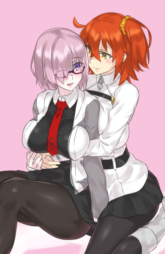 2girls :d ahoge arm_support belt black-framed_eyewear black_dress black_legwear black_skirt blush boots breast_hold breasts closed_mouth collared_shirt couple dress evuoaniramu fate/grand_order fate_(series) female female_protagonist_(fate/grand_order) fujimaru_ritsuka_(female) glasses hair_between_eyes hair_ornament hair_over_one_eye hair_scrunchie hand_holding highres hug hug_from_behind jacket large_breasts lavender_hair lips long_sleeves looking_at_another looking_back multiple_girls mutual_yuri necktie open_mouth orange_hair pantyhose pleated_skirt red_necktie scrunchie shielder_(fate/grand_order) shirt short_hair side_ponytail simple_background sitting skirt smile type-moon uniform violet_eyes white_boots white_shirt white_uniform yellow_eyes yellow_scrunchie yuri