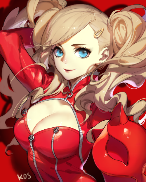 1girl arm_up artist_name bangs blonde_hair blue_eyes bodysuit breasts cleavage_cutout closed_mouth earrings hair_ornament hairclip holding holding_mask jewelry lips long_hair looking_at_viewer mask mask_removed medium_breasts persona persona_5 red_background red_bodysuit red_lips simple_background smile solo songjikyo stud_earrings swept_bangs takamaki_anne tareme twintails wavy_hair zipper