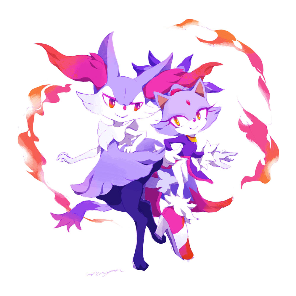 2girls animal_ears blaze_the_cat braixen cat cat_ears cat_tail fire fox fox_ears furry gloves hal high_heels multiple_girls no_humans pokemon purple_fur red_eyes shiny_pokemon shoes signature simple_background smile sonic_the_hedgehog tail white_background yellow_eyes