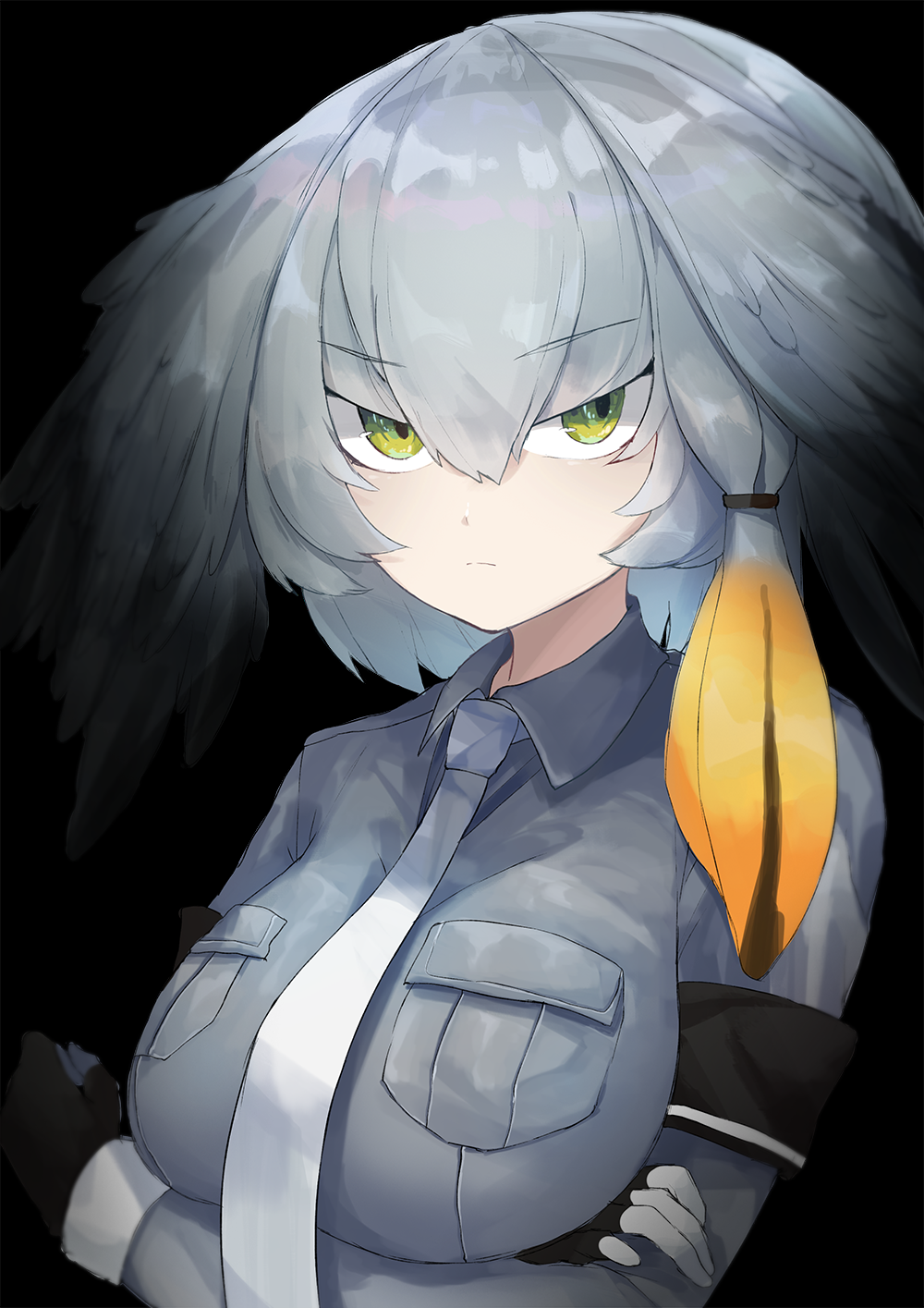 1girl black_background black_hair breast_hold breasts collared_shirt crossed_arms expressionless eyebrows_visible_through_hair green_eyes grey_necktie grey_shirt head_wings highres kemono_friends large_breasts long_hair looking_at_viewer low_ponytail mao_ge multicolored_hair necktie orange_hair shirt shoebill_(kemono_friends) side_ponytail silver_hair simple_background tsurime upper_body white_necktie