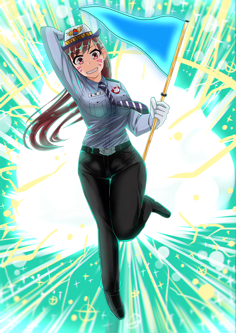 1girl alternate_costume animal_print arm_behind_head arm_up bangs belt black_pants black_shoes blue_shirt breast_pocket brown_eyes brown_hair bunny_print capoki clenched_teeth collared_shirt commentary_request d.va_(overwatch) explosion facepaint facial_mark female_service_cap flag full_body gloves hand_on_headwear holding long_hair long_sleeves looking_at_viewer name_tag necktie officer_d.va overwatch pants pocket police police_uniform policewoman running shirt shoes solo striped striped_necktie swept_bangs teeth uniform whisker_markings white_gloves