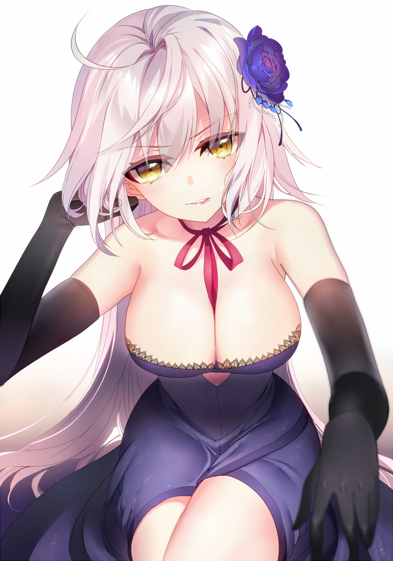 1girl ahoge bangs black_gloves blue_dress blue_flower breasts cleavage dress elbow_gloves eyebrows_visible_through_hair fate/grand_order fate_(series) flower gloves gradient gradient_background hair_flower hair_ornament jeanne_alter large_breasts lips long_hair looking_at_viewer mimosa neck_ribbon parted_lips pink_ribbon ribbon ruler_(fate/apocrypha) silver_hair slender_waist smile solo thighs yellow_eyes