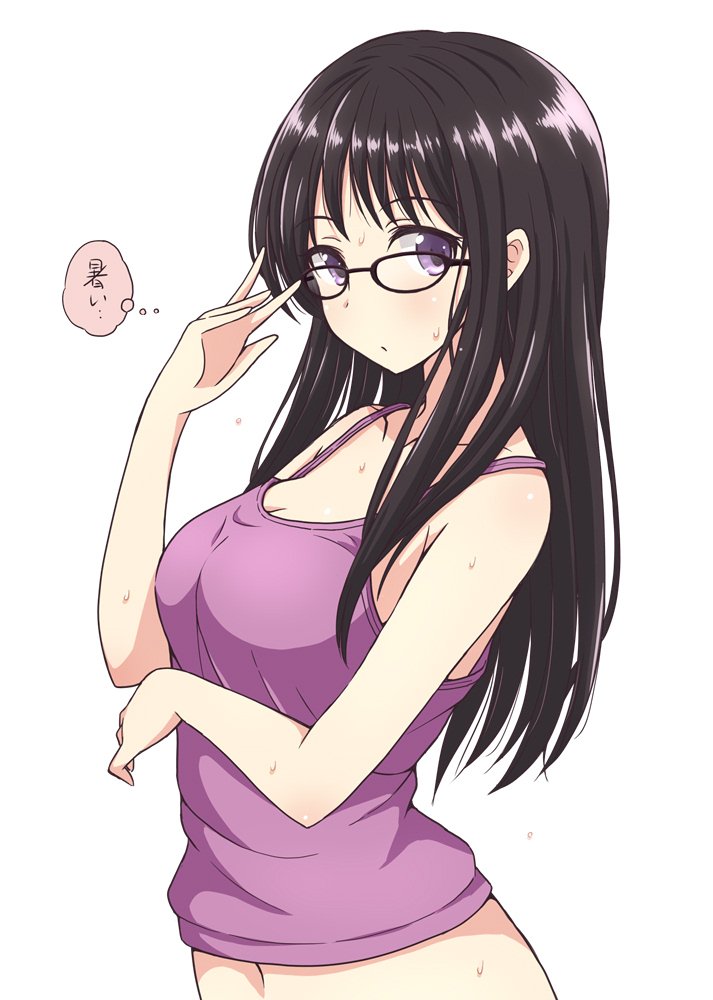 1girl adjusting_glasses bare_shoulders black_hair character_request copyright_request eyebrows_visible_through_hair glasses hot long_hair looking_at_viewer mel_(melty_pot) navel solo sweat sweatdrop thought_bubble translated violet_eyes