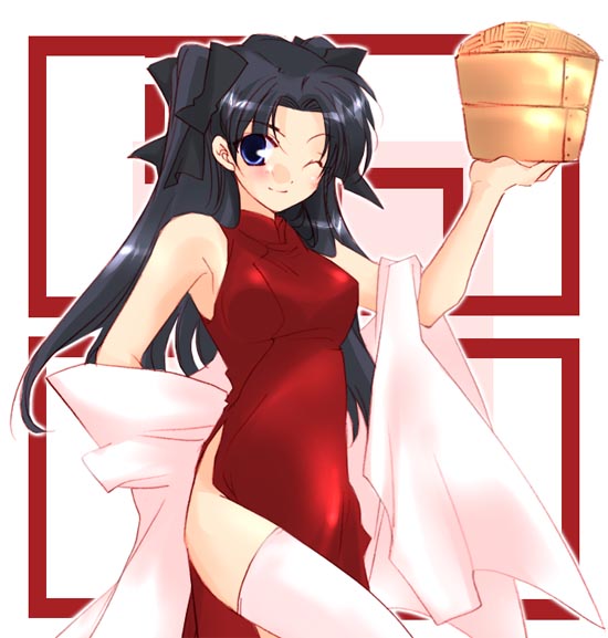 00s 1girl bamboo_steamer china_dress chinese_clothes dress fate/stay_night fate_(series) solo thigh-highs tohsaka_rin two_side_up
