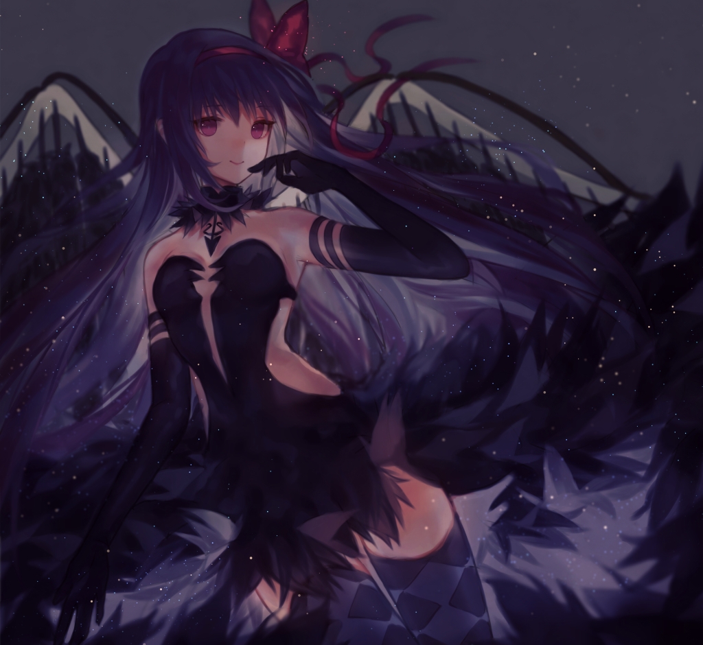 1girl akemi_homura akuma_homura argyle argyle_legwear bangs black_dress black_gloves black_legwear bow closed_mouth cowboy_shot dress elbow_gloves eyebrows_visible_through_hair gloves hair_bow hair_ribbon long_hair looking_at_viewer mahou_shoujo_madoka_magica purple_hair red_bow red_ribbon ribbon smile solo thigh-highs thighs violet_eyes yasiromann