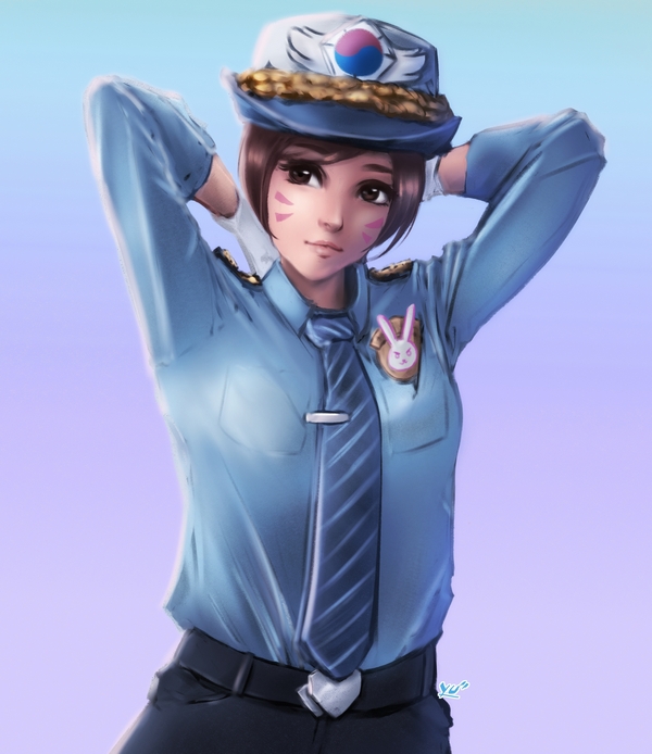 1girl adjusting_hair alternate_costume animal_print arms_behind_head arms_up belt black_pants blue_background blue_shirt breast_pocket breasts brown_eyes brown_hair bunny_print collared_shirt commentary cowboy_shot d.va_(overwatch) facepaint female_service_cap gloves gradient gradient_background lips long_hair long_sleeves looking_to_the_side necktie nose officer_d.va overwatch pants pink_lips pocket police police_uniform policewoman purple_background shirt small_breasts solo striped striped_necktie tying_hair uniform whisker_markings white_background white_gloves yuyumk2