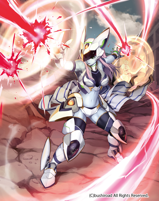 1girl armor armored_boots bare_shoulders blue_skin boots cardfight!!_vanguard clouds company_name defending_goddess faceless faceless_female faceless_male full_body green_eyes helmet long_hair midriff nail_polish navel niccohudou official_art open_mouth pink_hair scales sky solo thigh-highs