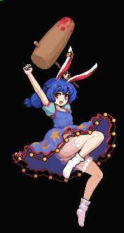 1girl arms_up bangs black_background bloomers blue_dress blue_hair crescent dress eyebrows_visible_through_hair full_body holding kine looking_at_viewer lowres no_shoes open_mouth pixel_art red_eyes see-through seiran_(touhou) short_sleeves simple_background smile socks solo star takorin touhou underwear white_legwear