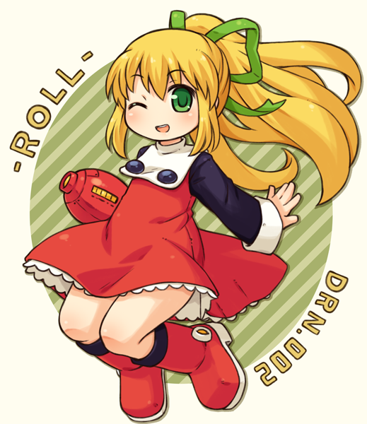 1girl ;d arm_cannon bangs black_shirt blonde_hair boots character_name diagonal-striped_background diagonal_stripes dress flat_chest frilled_dress frills full_body green_background green_eyes green_ribbon hair_ribbon jumping knee_boots long_hair long_sleeves looking_at_viewer mizuno_mumomo one_eye_closed open_mouth ponytail red_boots red_dress ribbon rockman rockman_(classic) roll shirt sidelocks smile solo turtleneck undershirt weapon