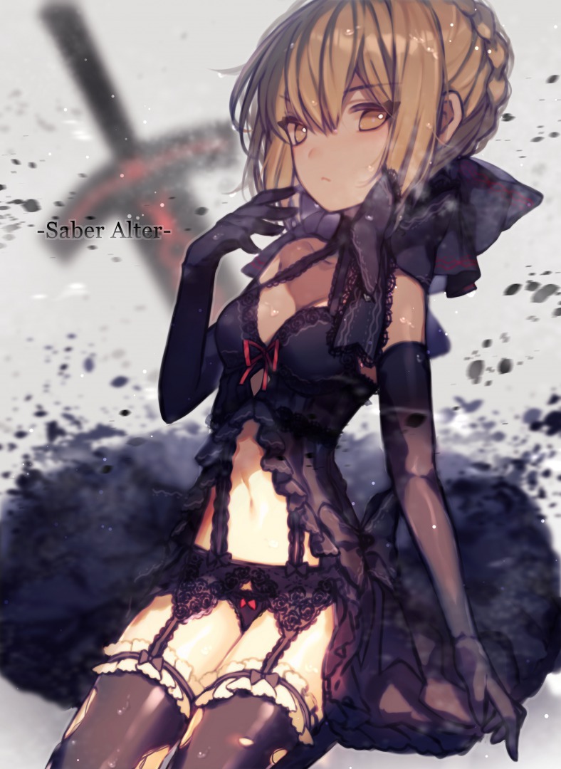 1girl babydoll bangs black_dress black_gloves black_legwear blonde_hair blurry bow bow_panties braid character_name closed_mouth cowboy_shot dark_excalibur depth_of_field dress elbow_gloves eyebrows_visible_through_hair fate/stay_night fate_(series) french_braid garter_belt garter_straps gloves lace lace-trimmed_panties lingerie looking_at_viewer panties red_bow saber saber_alter sidelocks solo thigh-highs thighs underwear yasiromann yellow_eyes