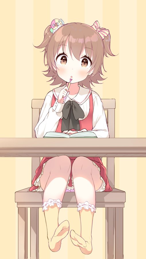 1girl :o akagi_miria black_bow black_ribbon blush book bow brown_eyes brown_hair chair commentary_request dress feet food_themed_hair_ornament hair_bow hair_ornament idolmaster idolmaster_cinderella_girls jpeg_artifacts legs no_shoes open_book panties pencil pink_panties red_dress ribbon sitting soles solo striped striped_bow table two_side_up underwear vertical-striped_background vertical_stripes yazawa_oke yellow_background yellow_bow yellow_legwear