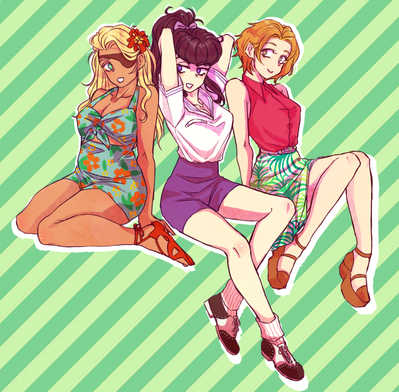 3girls arms_up black_hair bleach blonde_hair borrowed_character bow breasts collarbone crossover dark_skin diamond_wa_kudakenai eyepatch floral_print flower front-tie_top genderswap genderswap_(mtf) green_eyes hair_bow hair_flower hair_ornament higashikata_jousuke jojo_no_kimyou_na_bouken kurosaki_masaki large_breasts multiple_girls orange_hair original plump pompadour ponytail purple_skirt sandals shirt short_hair sitting skirt sleeveless sleeveless_shirt smile striped striped_background violet_eyes wallfloristry wariza