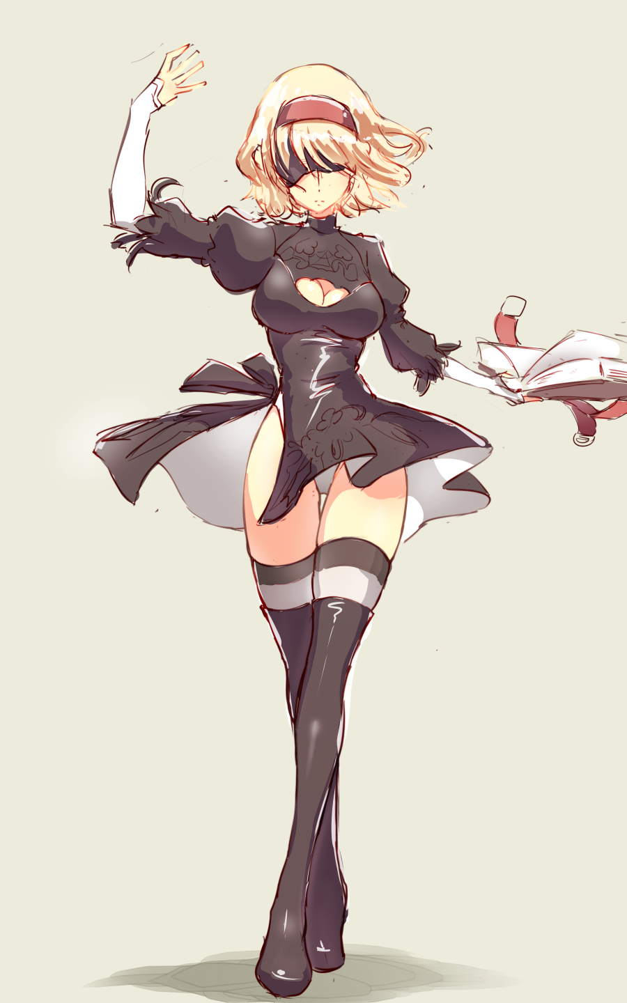 1girl alice_margatroid arm_up black_dress black_legwear blindfold blonde_hair book boots breasts cleavage cleavage_cutout cosplay dress facing_viewer grey_background grimoire_of_alice hairband headband highres legs legs_crossed long_sleeves nier_(series) nier_automata non_(z-art) panties pantyshot simple_background sketch solo thigh-highs thigh_boots thighs touhou underwear watson_cross wind wind_lift yorha_no._2_type_b yorha_no._2_type_b_(cosplay)
