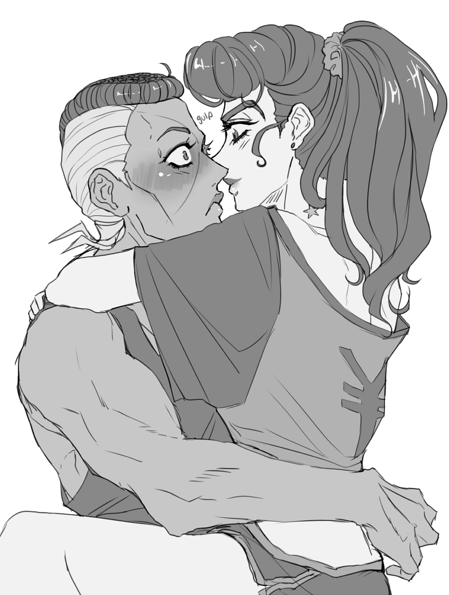 1boy 1girl arms_around_neck birthmark blush diamond_wa_kudakenai earrings facial_mark genderswap genderswap_(mtf) higashikata_jousuke highres jewelry joestar_birthmark jojo_no_kimyou_na_bouken loose_shirt monochrome multicolored_hair muscle nijimura_okuyasu pompadour ponytail scrunchie shirt short_shorts shorts stud_earrings tank_top two-tone_hair wallfloristry yen_sign