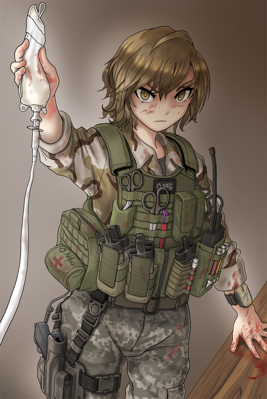 1girl arm_up beretta_m9 blood blood_on_face bloody_clothes bloody_hands brown_eyes brown_hair commentary glowstick gun handgun highres holster intravenous_drip load_bearing_vest looking_at_viewer magazine_(weapon) military military_uniform original pistol red_cross scissors serious short_hair sleeves_rolled_up soldier specterz thigh_holster uniform walkie-talkie weapon